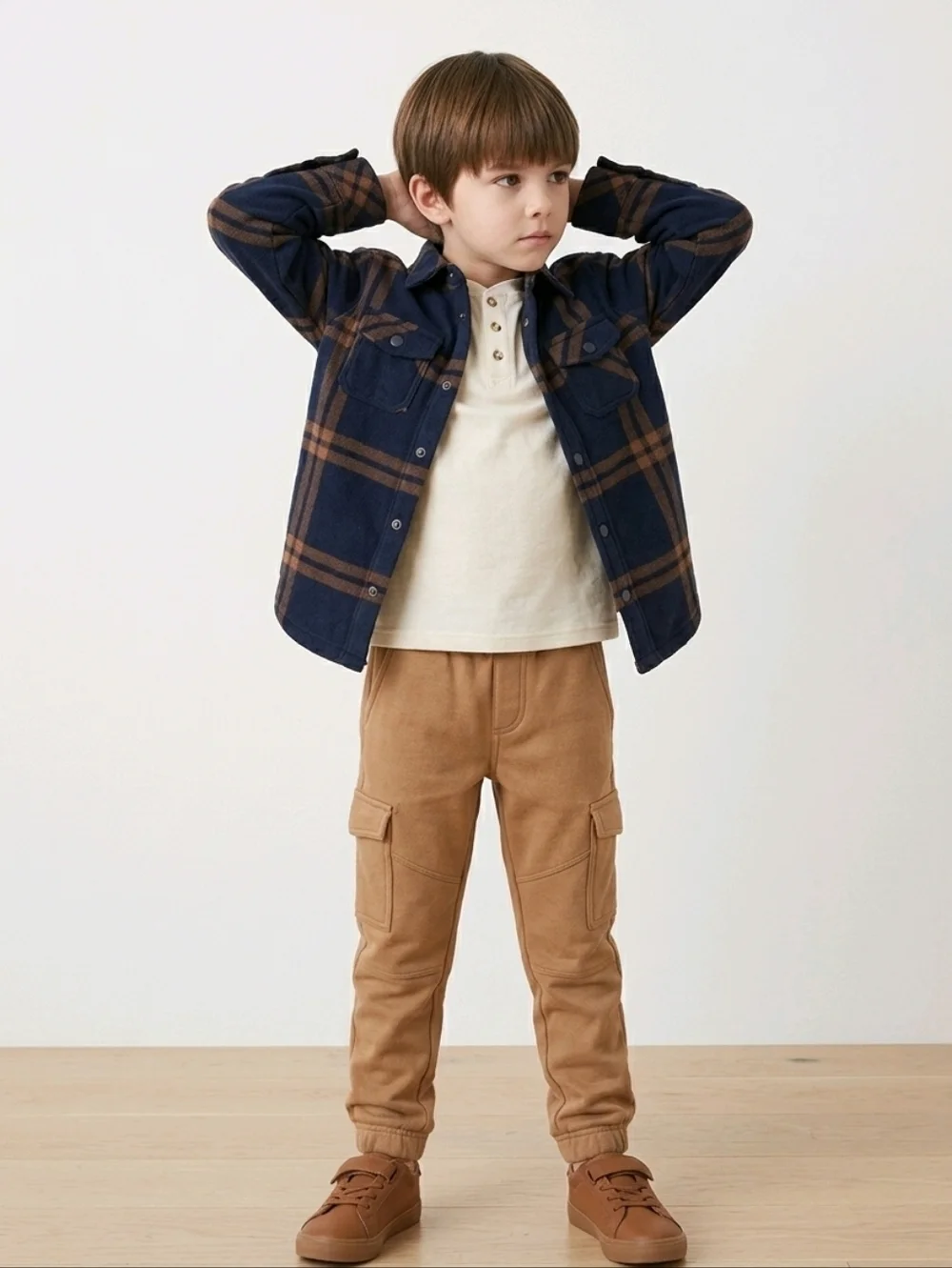NWT Eddie Bauer Kids 3 Pc Fleece Navy Plaid Flannel, Henley And Jogger Set ~sz 5